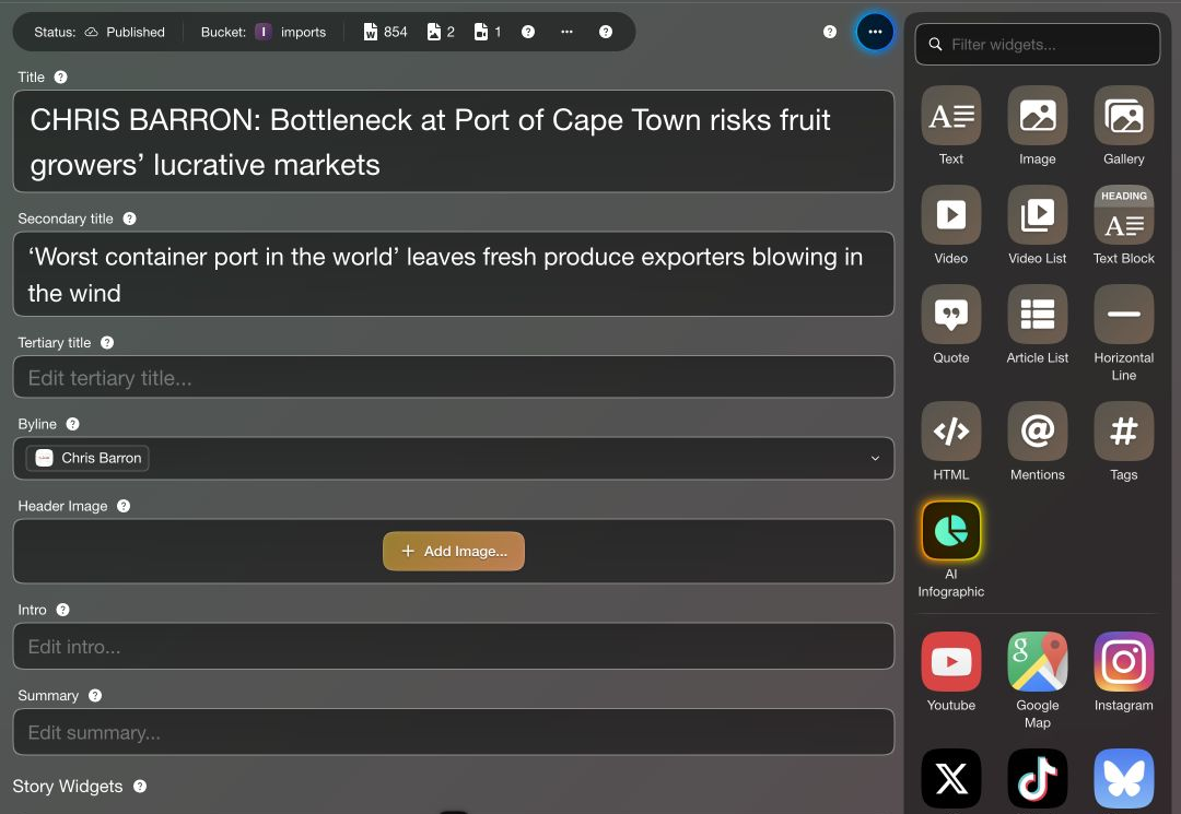 Content tab showing headline fields, byline, optional header image, intro, summary and the widget palette.