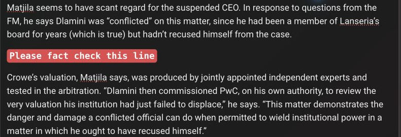 A red inline editorial note reading “Please fact check this line” between story paragraphs.