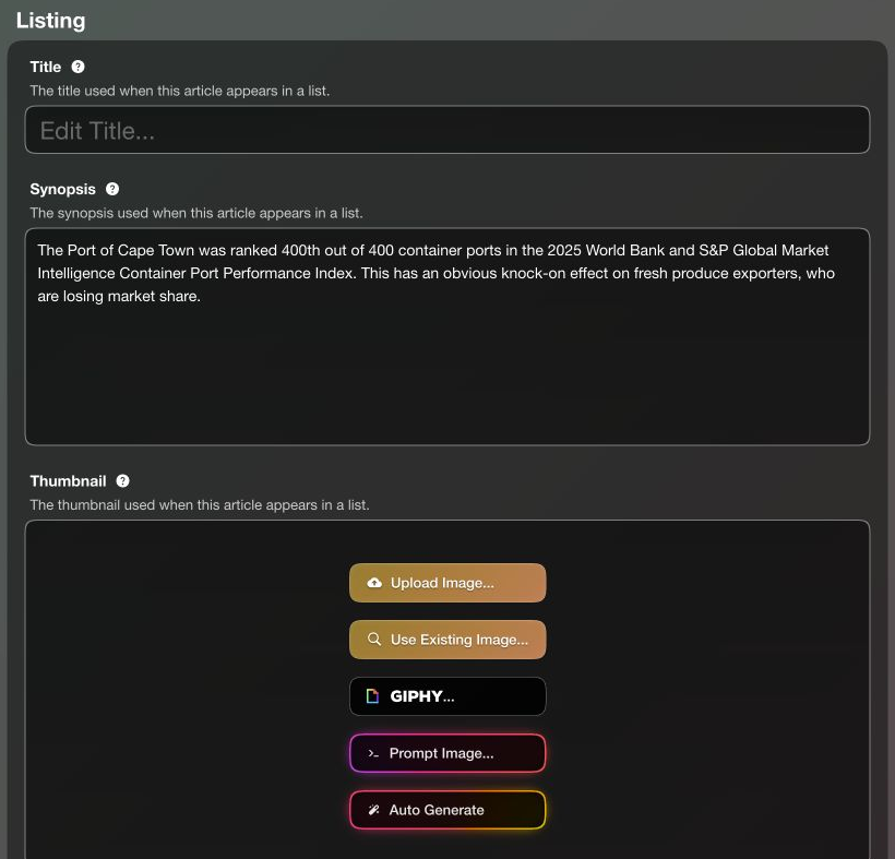Listing metadata with an empty custom title, an editorial synopsis and thumbnail controls.