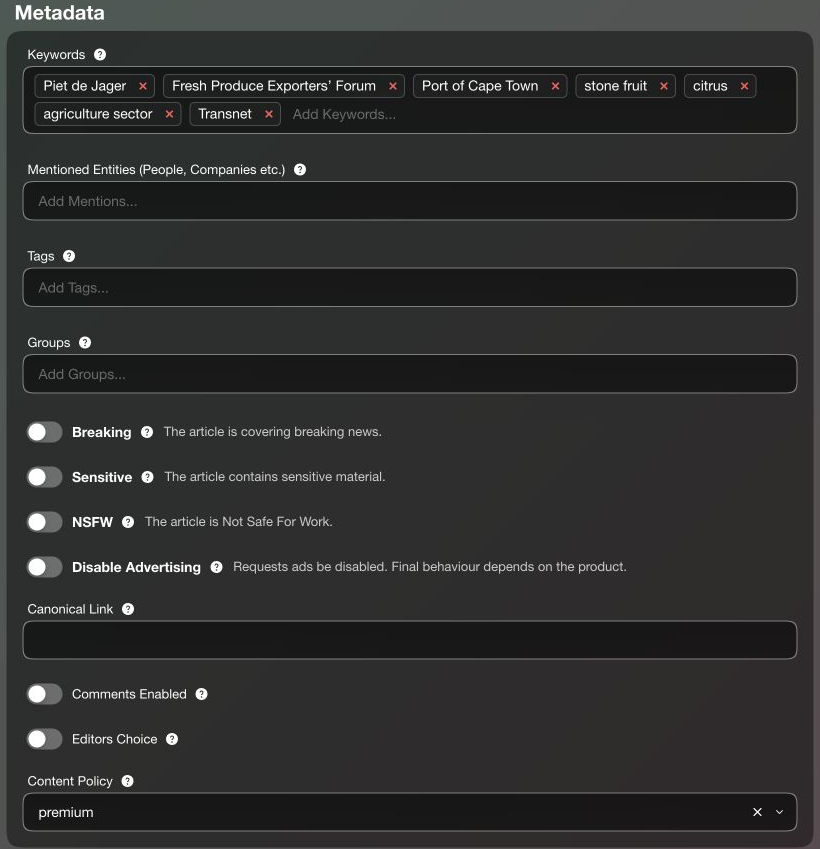 Metadata fields showing keywords, mentions, tags, groups, presentation flags and a content policy.