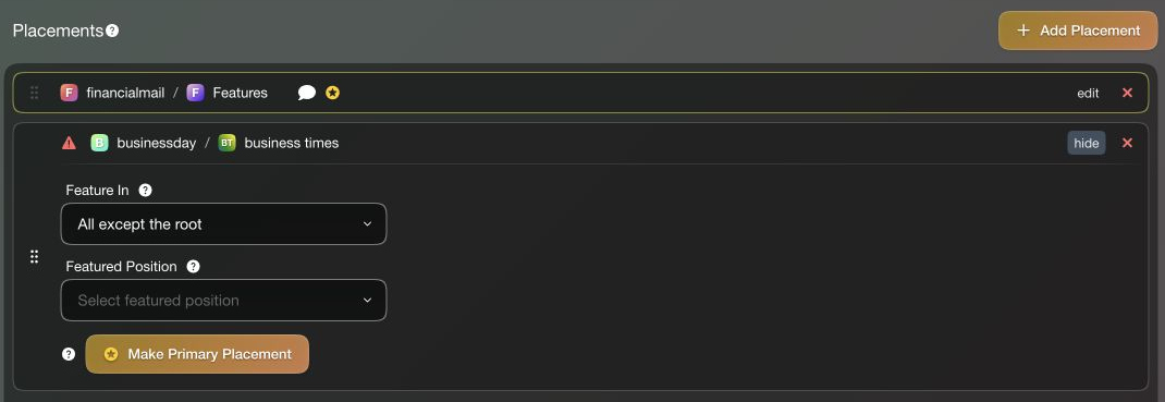 Placements with the secondary placement expanded, showing Feature In, Featured Position and Make Primary Placement.