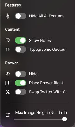 Editor Preferences showing AI visibility, notes, typographic quotes, drawer controls, X or Twitter branding, and maximum image height.