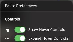 Editor Preferences controls for showing hover controls and expanding them.