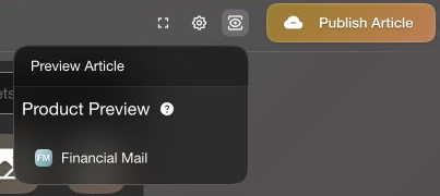 Preview chooser beside the publishing controls, listing the Financial Mail site.