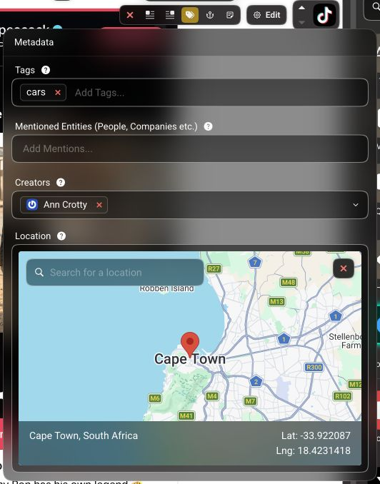 The standard Metadata popup on a TikTok widget, showing Tags, Mentioned Entities, Creators and a Cape Town location map.